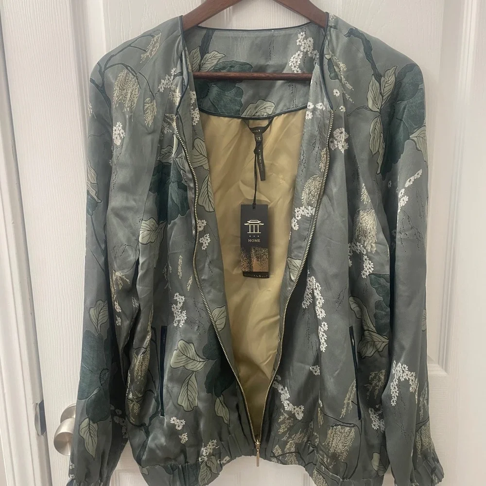 Rituals Satin Floral Bomber Jacket XL Sage Green Art -to- Wear Art Teacher